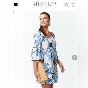 MESTIZA Brand New w/Tags Vivienne Mini Dress Blue & Ivory Stretch Crepe - Small